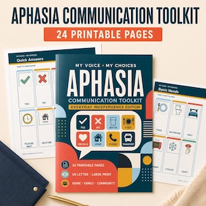 May include: Aphasia Communication Toolkit with 24 printable pages. The cover features the text My Voice My Choices Aphasia Communication Toolkit Everyday Independence Edition, with colorful icons for yes, no, water, food, feelings, home, phone, and transport.