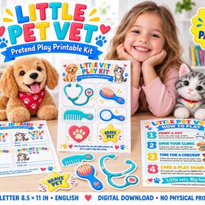Może przedstawiać: Zestaw do druku Little Pet Vet do zabawy w weterynarza, zawierający 7 stron z papierowymi narzędziami, kartami pacjenta i instrukcjami. Zestaw zawiera ilustracje stetoskopu, szczotek oraz gwiazdki Brave Pet dla pluszaków.