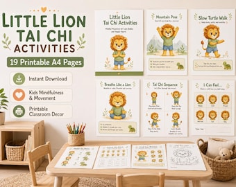 Tai-Chi-Übungen für Kinder mit kleinem Löwen (druckbar) | Poster für die Ruheecke | Achtsamkeitsübungskarten | Kurze Pausen | A4-Klassenzimmer-PDF