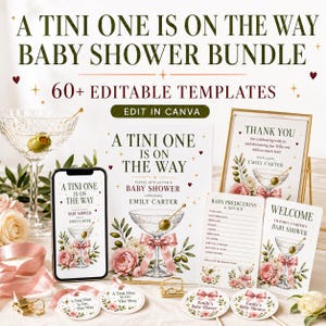 Può includere: Un set di 60 modelli modificabili per baby shower con il testo A TINI ONE IS ON THE WAY. Il kit include inviti, cartelli e biglietti decorati con illustrazioni di bicchieri da martini, fiocchi rosa e fiori, modificabili tramite Canva.