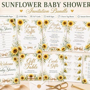 Può includere: Un set di biglietti e cartelli d'invito per un baby shower a tema girasole. Il pacchetto include biglietti per inviti, lotteria pannolini, libri per bambini, ringraziamenti, benvenuto, tavolo dei regali e biglietti e regali. Il testo "SUNFLOWER BABY SHOWER" è in alto.