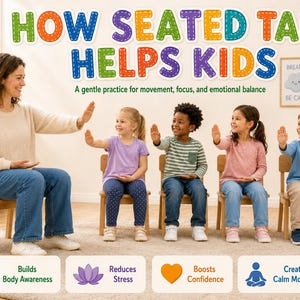 K&ouml;nnte beinhalten: Ein Bild zeigt Kinder und einen Erwachsenen beim &Uuml;ben von Tai Chi im Sitzen. Der Text "HOW SEATED TAI HELPS KIDS" ist zu sehen, zusammen mit Vorteilen wie K&ouml;rperbewusstsein, Stressabbau, Selbstvertrauen und ruhigen Momenten. Der Raum ist hell und mit Holzst&uuml;hlen ausgestattet.