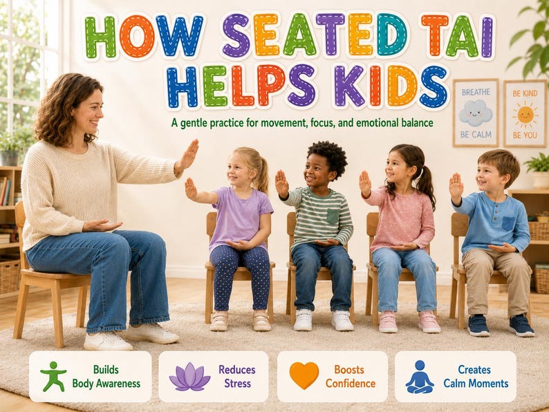 K&ouml;nnte beinhalten: Ein Bild zeigt Kinder und einen Erwachsenen beim &Uuml;ben von Tai Chi im Sitzen. Der Text "HOW SEATED TAI HELPS KIDS" ist zu sehen, zusammen mit Vorteilen wie K&ouml;rperbewusstsein, Stressabbau, Selbstvertrauen und ruhigen Momenten. Der Raum ist hell und mit Holzst&uuml;hlen ausgestattet.