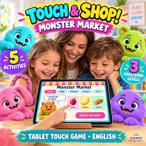 May include: A tablet displaying the Touch & Shop! Monster Market game with colorful monster characters, food icons, and interactive buttons. The screen shows a shopping interface with text including Orders, Weigh, Checkout, Change, Sort, and Check my work.