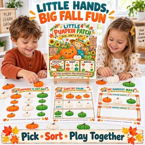 Puede incluir: Un conjunto de actividades educativas Little Pumpkin Patch que incluye un tablero instructivo colorido, tres hojas de actividades tituladas Pumpkins to Cut Out, Sort by Color y My Harvest Mats, y varios recortes de calabazas en naranja, blanco y verde.