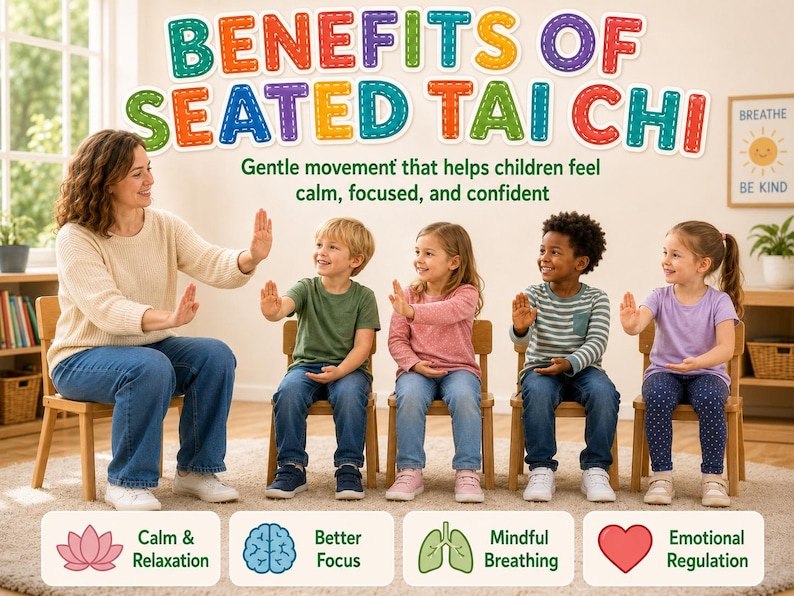 K&ouml;nnte beinhalten: Eine Frau und f&uuml;nf Kinder praktizieren Seated Tai Chi. Das Bild zeigt den Text "BENEFITS OF SEATED TAI CHI" in bunten Buchstaben. Der Text darunter lautet: "Gentle movement that helps children feel calm, focused, and confident."
