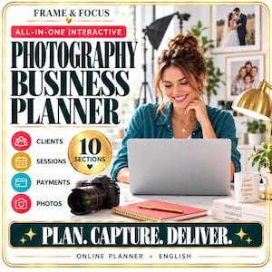 Può includere: Un pianificatore aziendale interattivo per la fotografia intitolato Frame & Focus, con 10 sezioni per clienti, sessioni, pagamenti e foto. L'interfaccia digitale include il testo Plan. Capture. Deliver. per fotografi professionisti.