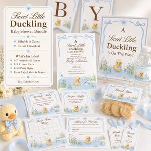 May include: A Sweet Little Duckling baby shower bundle featuring invitations, games, signs, and favour tags with blue ribbons and duck illustrations. Includes a 5x7 invitation, 5x3.5 insert cards, 8x10 signs, and a plush yellow duckling toy.