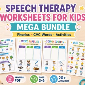 Può includere: Un insieme di schede di terapia del linguaggio per bambini, con fonetica, parole CVC e attività. Il pacchetto include schede PDF stampabili con esercizi come famiglie di parole, ordinamento dei suoni e 'Odd One Out'.
