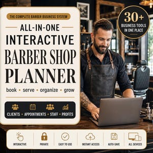 May include: A digital interactive barber shop planner featuring the text The Complete Barber Business System, All-in-One Interactive Barber Shop Planner, book, serve, organize, grow, and icons for clients, appointments, staff, and profits.