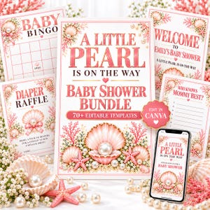 Może przedstawiać: Zestaw papeterii na baby shower z motywem pereł i muszli oraz różowymi akcentami koralowymi. Karty zawierają napisy takie jak A Little Pearl Is On The Way, Baby Bingo, Diaper Raffle i Who Knows Mommy Best, wraz ze smartfonem wyświetlającym projekt.