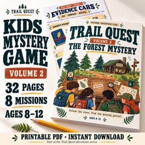 Pode incluir: Um jogo de mistério em PDF imprimível intitulado Trail Quest Volume 2 The Forest Mystery, com 32 páginas e 8 missões para idades de 8 a 12 anos. A capa mostra quatro crianças numa mesa de madeira com mapas, uma lupa e uma lanterna.