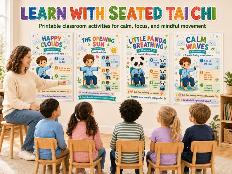 K&ouml;nnte beinhalten: Eine Klassenzene mit einer Frau und Kindern, die sich Poster mit der Aufschrift "Learn with Seated Tai Chi" ansehen. Die Poster zeigen Illustrationen und Anweisungen f&uuml;r &Uuml;bungen. Der Text auf den Postern lautet unter anderem "Happy Clouds", "The Opening Sun", "Little Panda Breathing" und "Calm Waves".