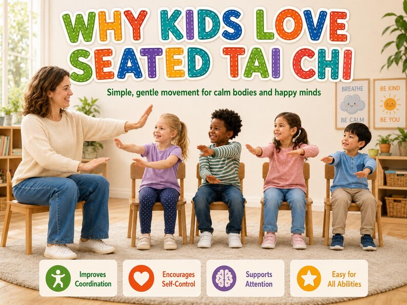 K&ouml;nnte beinhalten: Ein Bild zeigt Kinder und einen Erwachsenen beim &Uuml;ben von Tai Chi im Sitzen. Der Text lautet "WHY KIDS LOVE SEATED TAI CHI" und "Simple, gentle movement for calm bodies and happy minds". Das Bild enth&auml;lt auch Symbole und Text mit der Aufschrift "Improves Coordination", "Encourages Self-Control", "Supports Attention" und "Easy for All Abilities".