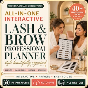 May include: An all-in-one interactive lash and brow professional planner with text reading The Complete Lash & Brow System, All-In-One Interactive Lash & Brow Professional Planner, style beautifully organised, Clients, Lash Maps, Brows, Bookings.