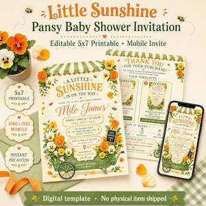 Può includere: Un modello di invito digitale per baby shower con un carrello da giardino verde pieno di viole del pensiero arancioni e bianche, tenda a righe e api. Il testo recita A Little Sunshine Is On The Way, Milo James, e include i dettagli dell'evento.