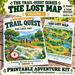 Può includere: Kit di avventura stampabile The Trail Quest Series The Lost Map Volume 1 per bambini dagli 8 ai 12 anni. La copertina mostra una scena boschiva con quattro bambini, una bussola rossa e una mappa. La seconda pagina mostra un puzzle con inizio e fine.