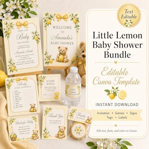 Può includere: Un set di cancelleria per baby shower a tema limoni e orsetti con fiocchi gialli e decorazioni floreali. Include un invito, un cartello di benvenuto, un gioco di parole, una carta per la lotteria dei pannolini, un biglietto di ringraziamento ed etichette.