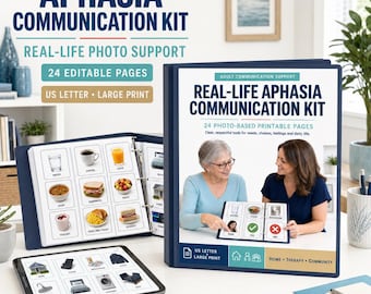 Kit de comunicación editable para afasia, 24 tableros de CAA para adultos, plantilla de Canva para recuperación de accidentes cerebrovasculares, ayuda visual para cuidadores.