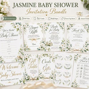 Può includere: Un pacchetto di inviti per baby shower con il testo "JASMINE BABY SHOWER Invitation Bundle". Il pacchetto include inviti, biglietti della lotteria per pannolini, biglietti di ringraziamento e altro ancora. Ogni biglietto è decorato con fiori bianchi e foglie verdi.