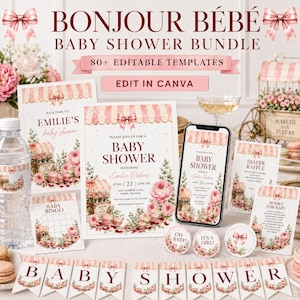Può includere: Un set per baby shower con oltre 80 modelli modificabili dal design floreale e a righe rosa. Include un cartello di benvenuto, un invito, un display per cellulare, una carta per la riffa dei pannolini, una carta per libri e un banner BABY SHOWER.