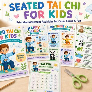K&ouml;nnte beinhalten: Eine Sammlung farbenfroher, druckbarer Materialien f&uuml;r "Seated Tai Chi for Kids", darunter Karten, ein Fortschrittstracker und eine Anleitung f&uuml;r eine ruhige Routine. Die Materialien zeigen Illustrationen von Kindern, die Tai-Chi-&Uuml;bungen durchf&uuml;hren.