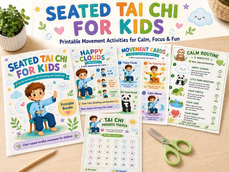 K&ouml;nnte beinhalten: Eine Sammlung farbenfroher, druckbarer Materialien f&uuml;r "Seated Tai Chi for Kids", darunter Karten, ein Fortschrittstracker und eine Anleitung f&uuml;r eine ruhige Routine. Die Materialien zeigen Illustrationen von Kindern, die Tai-Chi-&Uuml;bungen durchf&uuml;hren.