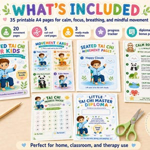 K&ouml;nnte beinhalten: Eine Sammlung von druckbaren Materialien f&uuml;r Achtsamkeit bei Kindern, darunter Bewegungskarten, ein Fortschrittstracker und ein Diplom. Die Materialien zeigen Illustrationen von Kindern, die Tai Chi praktizieren. Der Text "What's Included" ist sichtbar.