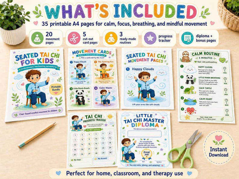 K&ouml;nnte beinhalten: Eine Sammlung von druckbaren Materialien f&uuml;r Achtsamkeit bei Kindern, darunter Bewegungskarten, ein Fortschrittstracker und ein Diplom. Die Materialien zeigen Illustrationen von Kindern, die Tai Chi praktizieren. Der Text "What's Included" ist sichtbar.
