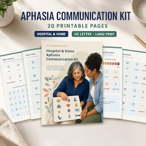 Peut inclure: Kit de communication pour aphasie comprenant 20 pages imprimables au format US Letter. Le kit inclut des feuilles en gros caractères avec des icônes pour les réponses rapides, les besoins de base, la douleur et les symptômes pour un usage médical.
