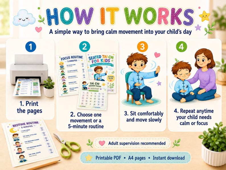 K&ouml;nnte beinhalten: Farbenfrohe Infografik mit dem Titel "How It Works", die Schritte zur Einf&uuml;hrung ruhiger Bewegung in den Tag eines Kindes zeigt. Enth&auml;lt Illustrationen eines Druckers, gedruckter Seiten und Kinder, die Tai Chi praktizieren. Text: "Druckbares PDF" und "A4-Seiten".
