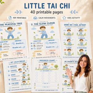 Può includere: Un insieme di schede stampabili per bambini, con esercizi di Tai Chi. Le schede includono istruzioni per i movimenti, tecniche di respirazione e un grafico dei progressi. Il testo sulle schede recita "Little Tai Chi" e "40 pagine stampabili".