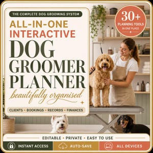 Puede incluir: Un planificador digital titulado The Complete Dog Grooming System All-In-One Interactive Dog Groomer Planner beautifully organised. Incluye secciones para clientes, reservas, registros y finanzas, con etiquetas de acceso instantáneo y guardado automático.