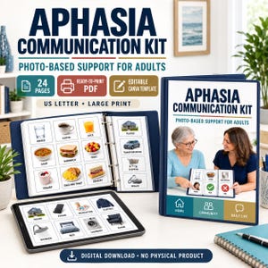 May include: Aphasia Communication Kit featuring photo-based support for adults. Includes a dark blue binder with 24 pages of printable communication cards, a digital tablet display, and a cover showing two people using the cards. US letter size, large print.