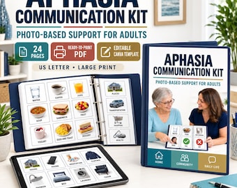 Peut inclure: Kit de communication pour aphasie avec support photo pour adultes. Comprend un classeur bleu foncé avec 24 pages de cartes de communication imprimables, un affichage sur tablette numérique et une couverture montrant deux personnes utilisant les cartes.