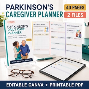 Può includere: Un pianificatore per caregiver di persone con Parkinson di 40 pagine e 2 file. Include sezioni per cronoprogrammi giornalieri, registri di cadute e comunicazione. Disponibile come modello Canva modificabile e PDF stampabile, mostrato con un tablet, una penna e degli occhiali.