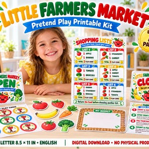 Peut inclure: Un kit imprimable de jeu de rôle Little Farmers Market comprenant des listes de courses, des pièces de monnaie, des découpes d'aliments et des panneaux. Le kit inclut des panneaux ouvert et fermé ainsi que des instructions sur papier A4.