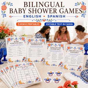 Può includere: Un set di carte da gioco bilingue per baby shower in inglese e spagnolo con bordi floreali in stile Talavera, una luna crescente e un sonaglio. Le carte includono Baby Word Scramble, Palabras de Bebé Desordenadas, What's in the Diaper Bag, Qué Hay en la Pañalera, Baby Shower Bingo e quattro gettoni rotondi a forma di ciuccio.