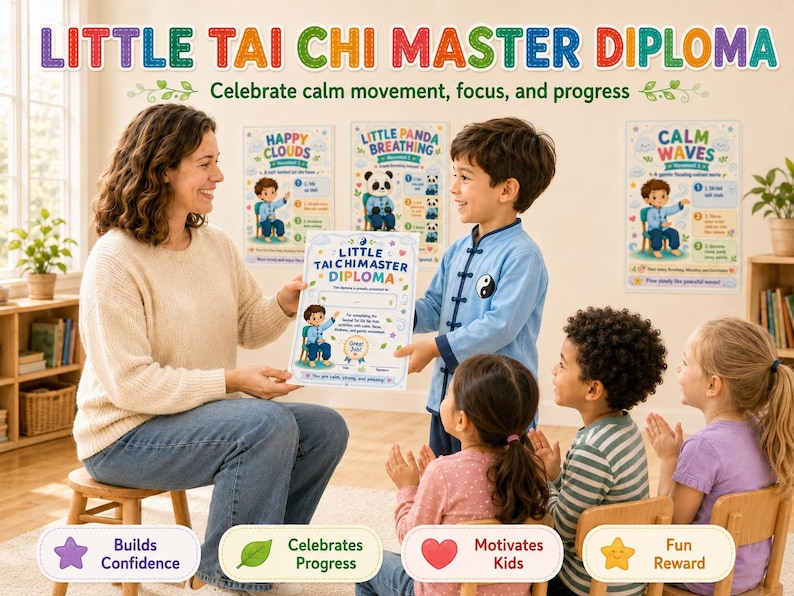 K&ouml;nnte beinhalten: Eine Frau und Kinder versammeln sich um ein Diplom mit der Aufschrift "Little Tai Chi Master Diploma". Der Text dar&uuml;ber lautet "Feiern Sie ruhige Bewegung, Konzentration und Fortschritt."