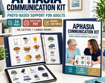Aphasia Communication Kit for Adults, 24 Pages, Printable PDF & Editable Canva Template