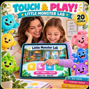 Peut inclure: Une tablette affichant le jeu Little Monster Lab entouré de monstres de dessin animé colorés. L'interface présente des boutons avec des icônes d'étoile, de lune, de goutte d'eau et de feuille, avec le texte Tap, Drag, Solve et Ages 6-10.