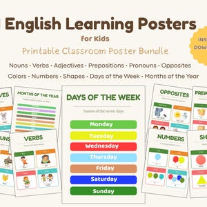 Può includere: Un pacchetto di 11 poster didattici in inglese per bambini. I poster trattano argomenti come nomi, verbi, aggettivi e forme. Il poster "Giorni della settimana" mostra i giorni in un formato a barra orizzontale colorata. La scritta "Download istantaneo" è in un cerchio giallo.