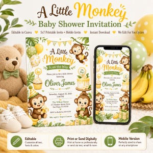 A Little Monkey Baby Shower Invitation, Editable Canva Invite, We Edit For You, Banana Boy Shower, 5x7 Mobile Invite