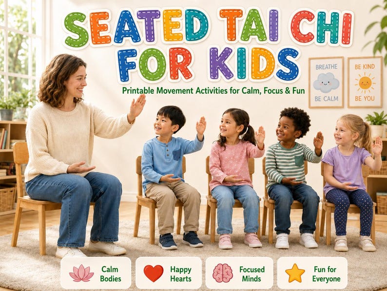K&ouml;nnte beinhalten: Eine Frau und Kinder sitzen auf Holzst&uuml;hlen und heben die H&auml;nde. Der Text "SEATED TAI CHI FOR KIDS" ist dar&uuml;ber zu sehen. Darunter steht "Printable Movement Activities for Calm, Focus & Fun."