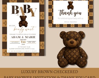 Brown Checkered Teddy Bear Baby Shower Invitation and Thank You Card