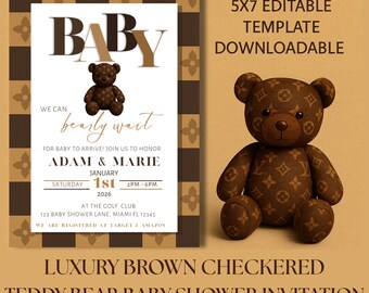 Brown Checkered Teddy Bear Baby Shower Invitation (Editable Template)