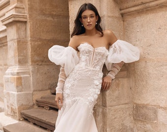 Robe de mariée robe sirène avec manches détachables robe de mariée personnalisée plus taille robe de bal robe élégante avec robe fendue ivoire
