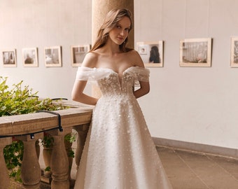 A line wedding lace dress with slit bridal dress off the shoulder dress plus size dress custom bridal gown plus size boho wedding gown