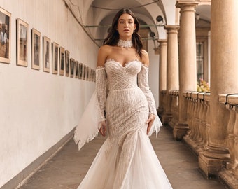 Wedding dress mermaid dress with detachable sleeves bridal  gown custom plus size dress prom dress elegant dress with slit dress ivory