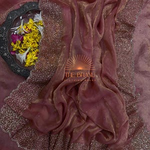 Trending Jarkhan Diamond work peach color space silk Partywear Saree, Wedding wear Designer Saree for women, Saree with stitch blouse